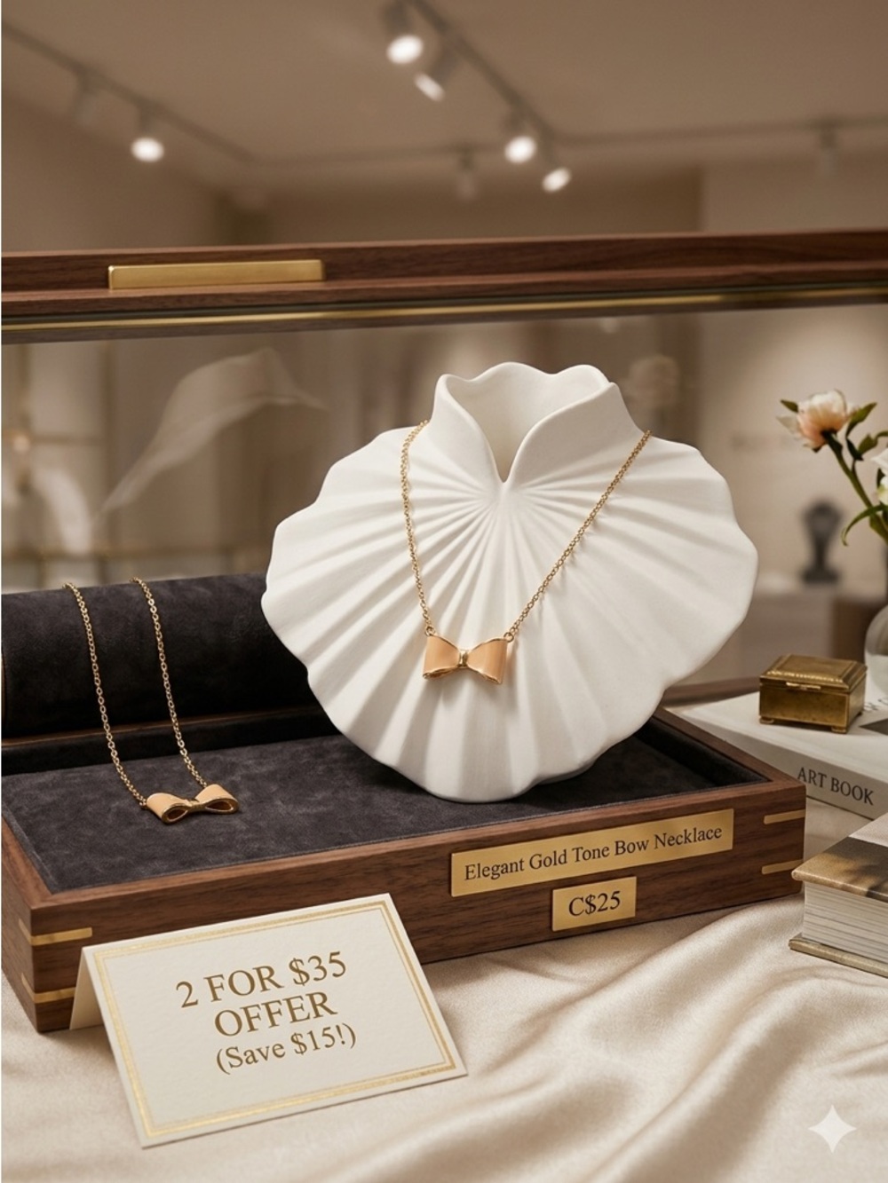 Retro Bow Necklace – Peach & Gold Coquette Style